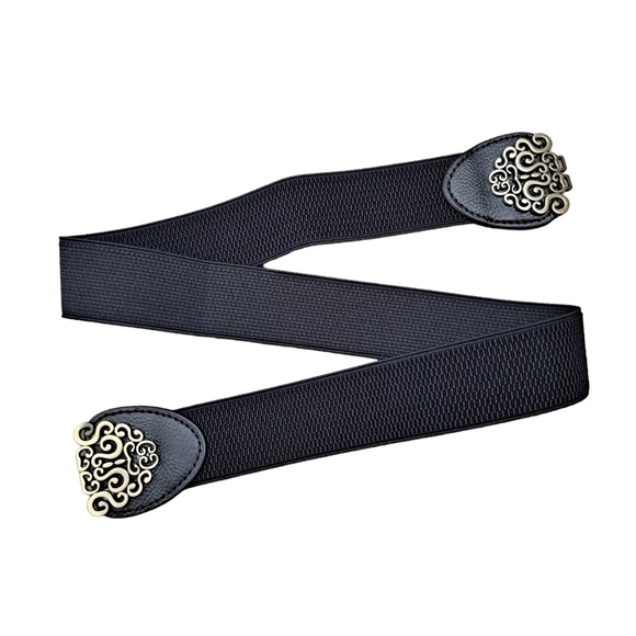 Black gold floral buckle faux leather corset boho stretch waist statement belt - Picture 7 of 12